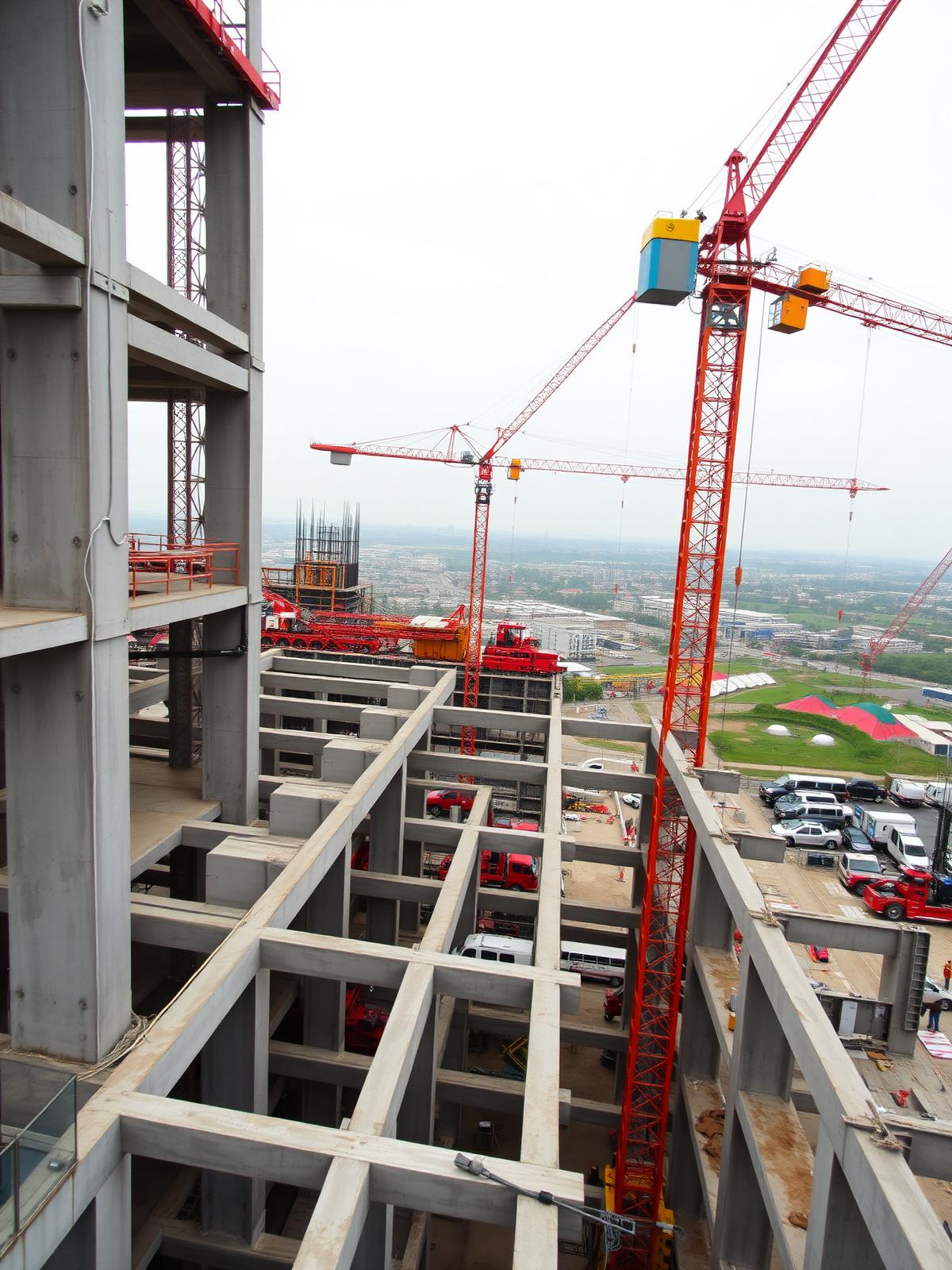 Vista aérea de canteiro de obras com estrutura de concreto e gruas