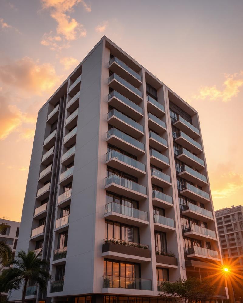 Edifício residencial Horizon com fachada de concreto e vidro ao pôr do sol